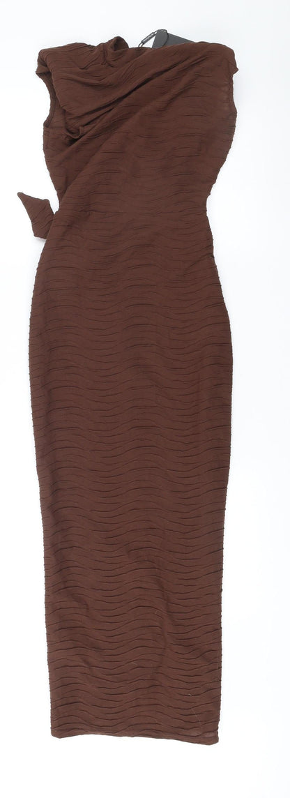 PrettyLittleThing Women’s Brown Midi Wrap Dress Size 6 High Neck