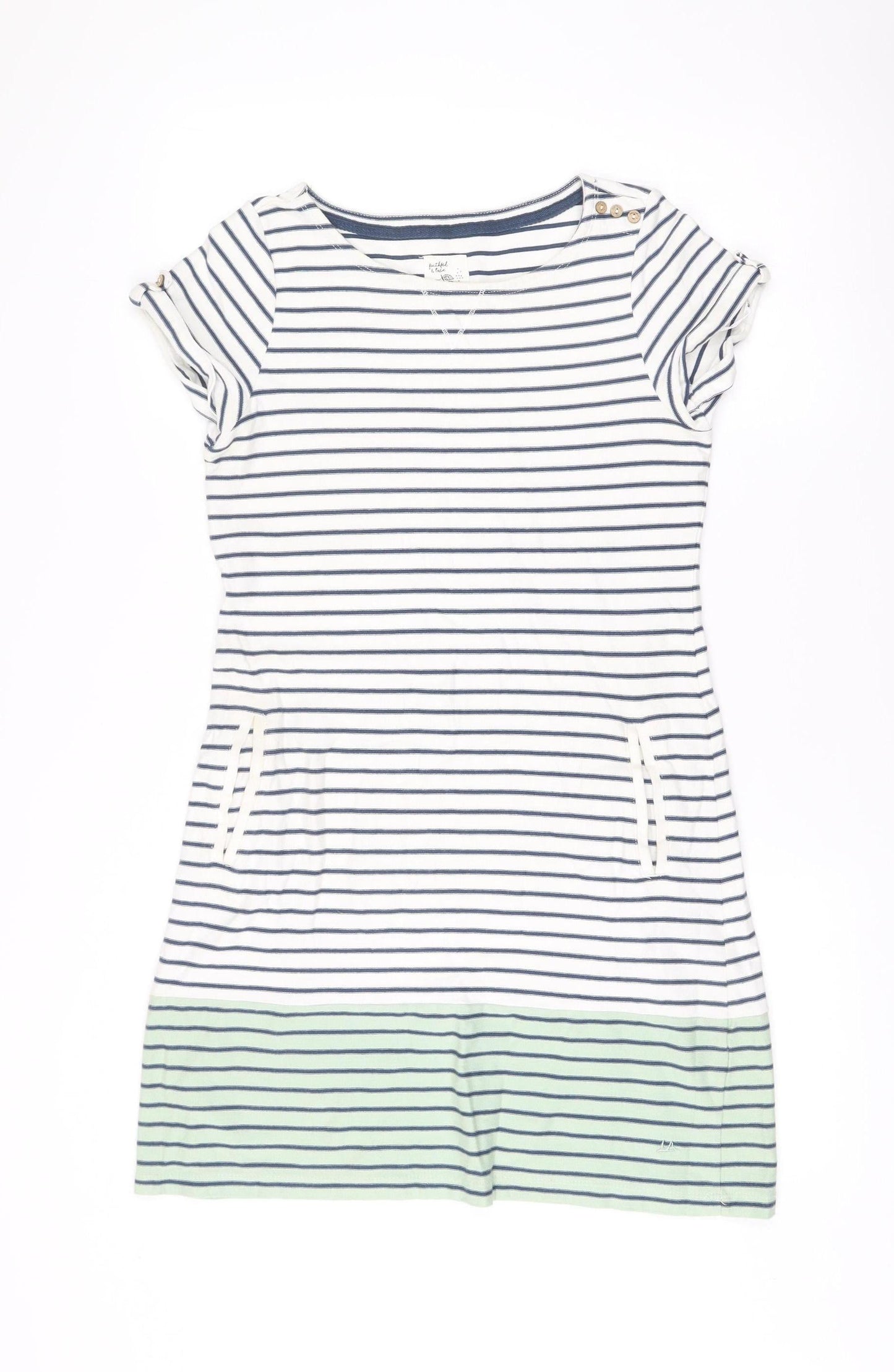 Mantaray Women’s White Blue Green Striped Cotton Shift Dress Size 10