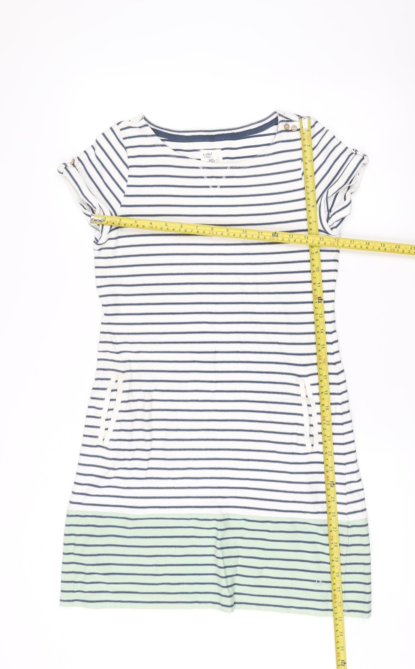 Mantaray Women’s White Blue Green Striped Cotton Shift Dress Size 10