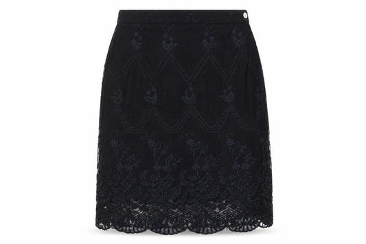 Front view of Witty Girl Teens Black Lace Floral Embroidered Knee Length Skirt M