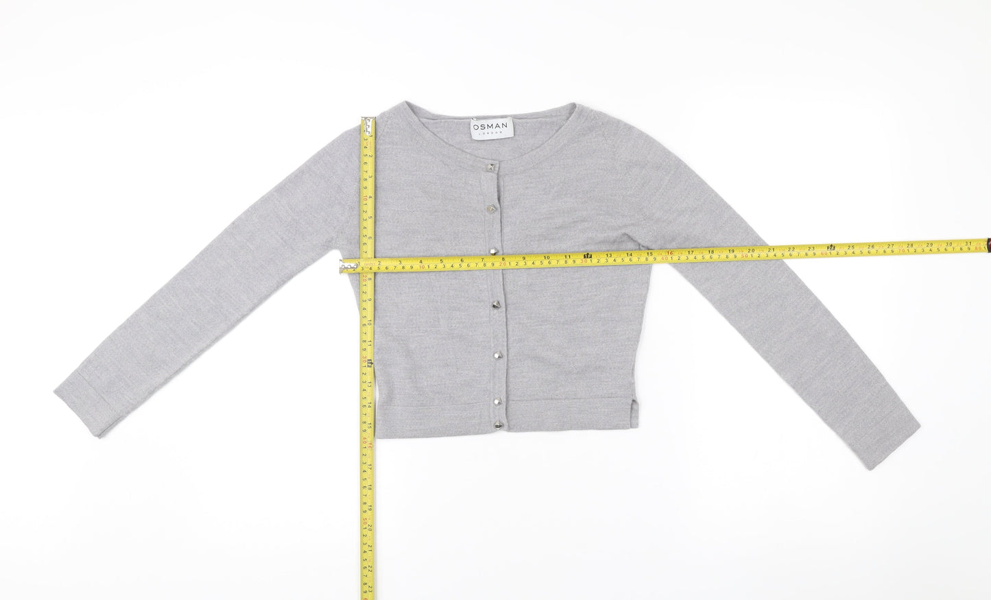 Osman London Womens Grey XS Merino Wool Cardigan Crew Neck