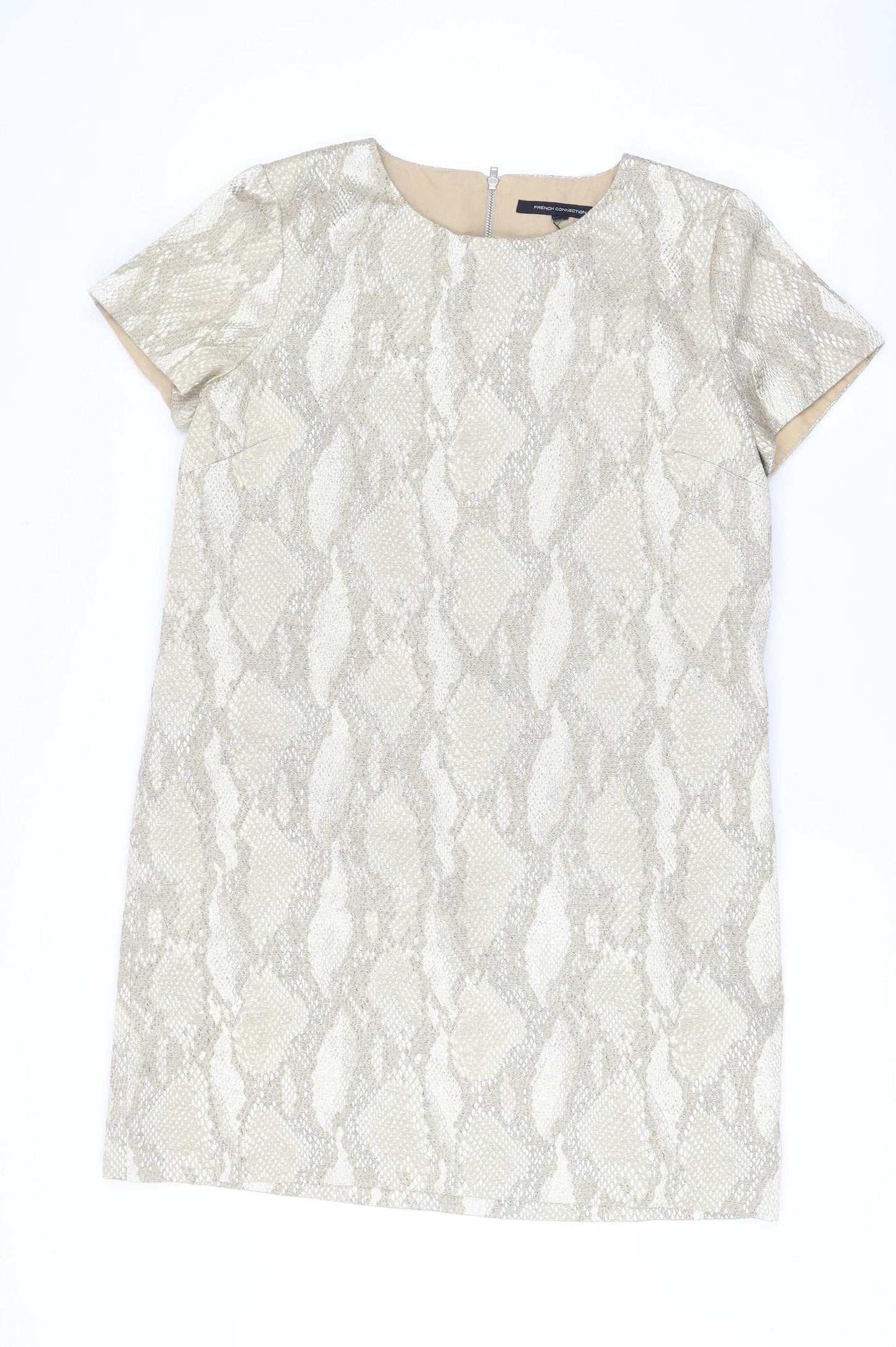 French Connection Women Beige Metallic Shift Dress Size 14 Party Wear