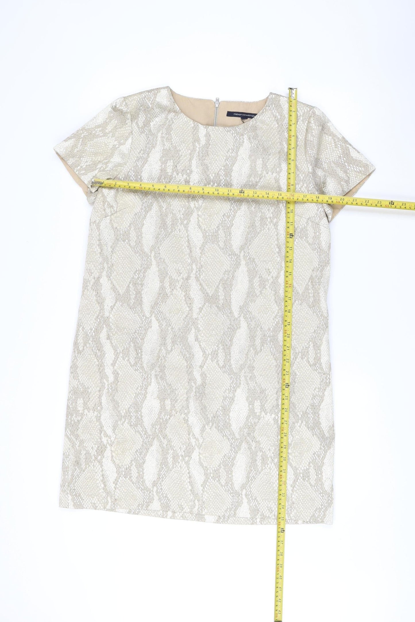 French Connection Women Beige Metallic Shift Dress Size 14 Party Wear