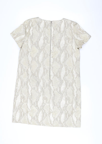 French Connection Women Beige Metallic Shift Dress Size 14 Party Wear