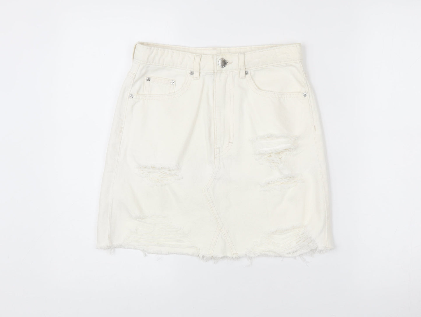 H&M Women Ivory Distressed Denim Skirt Size 10 Short Casual