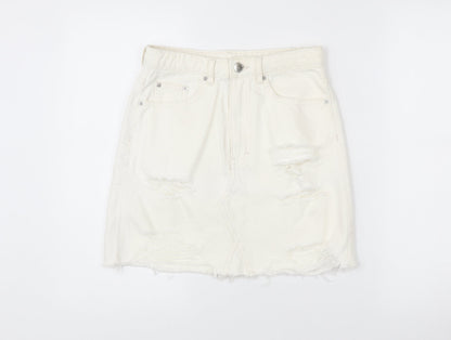 H&M Women Ivory Distressed Denim Skirt Size 10 Short Casual