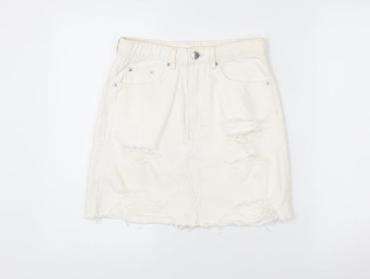 H&M Women Ivory Distressed Denim Skirt Size 10 Short Casual