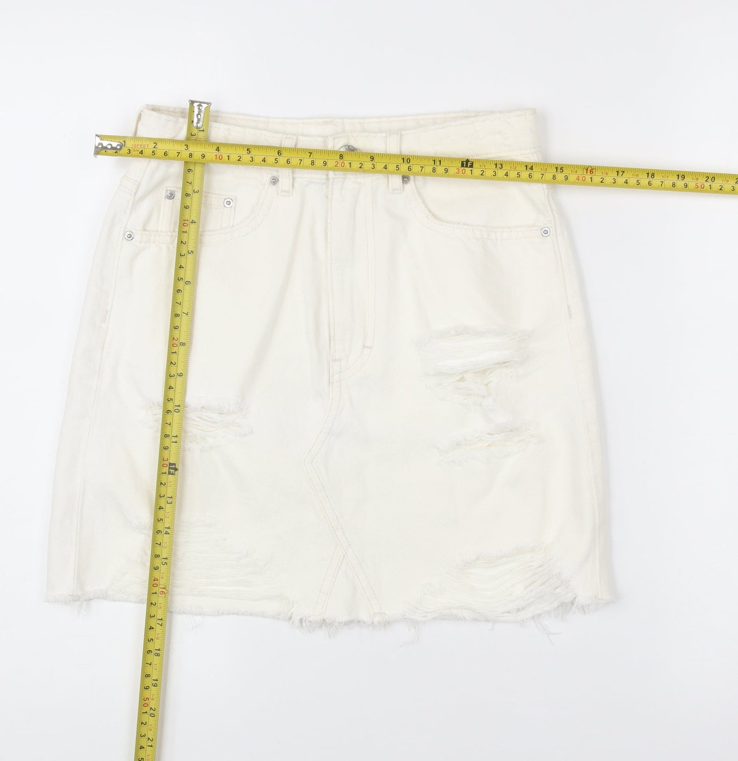 H&M Women Ivory Distressed Denim Skirt Size 10 Short Casual