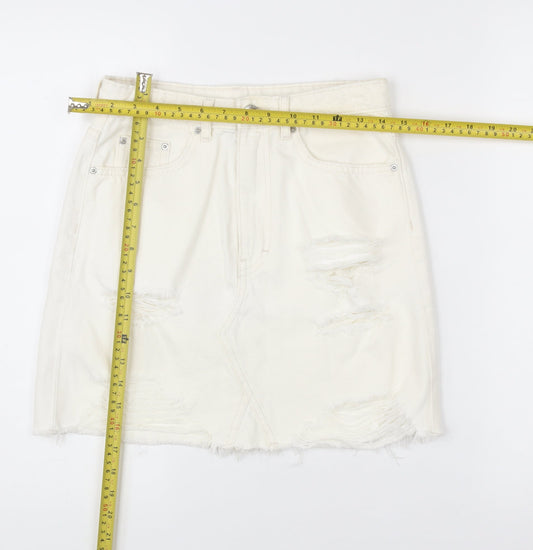 H&M Women Ivory Distressed Denim Skirt Size 10 Short Casual