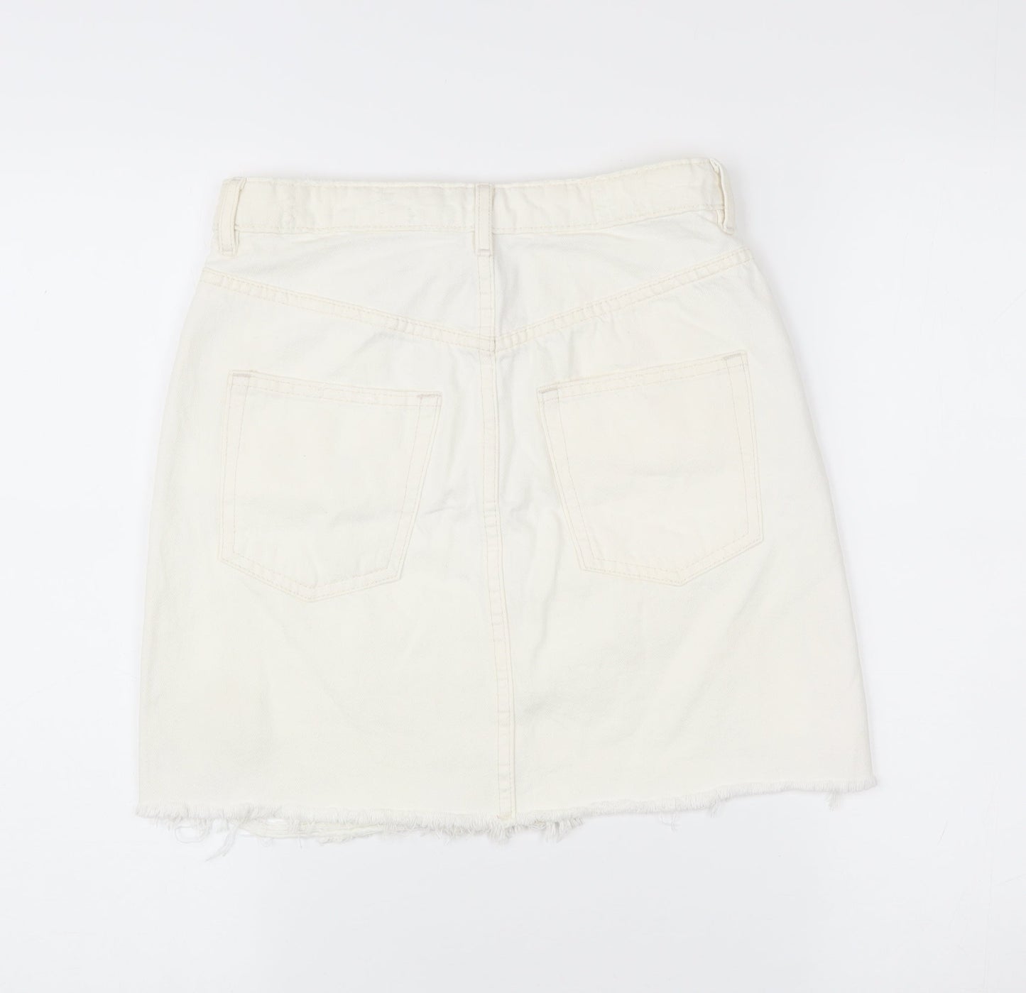 H&M Women Ivory Distressed Denim Skirt Size 10 Short Casual
