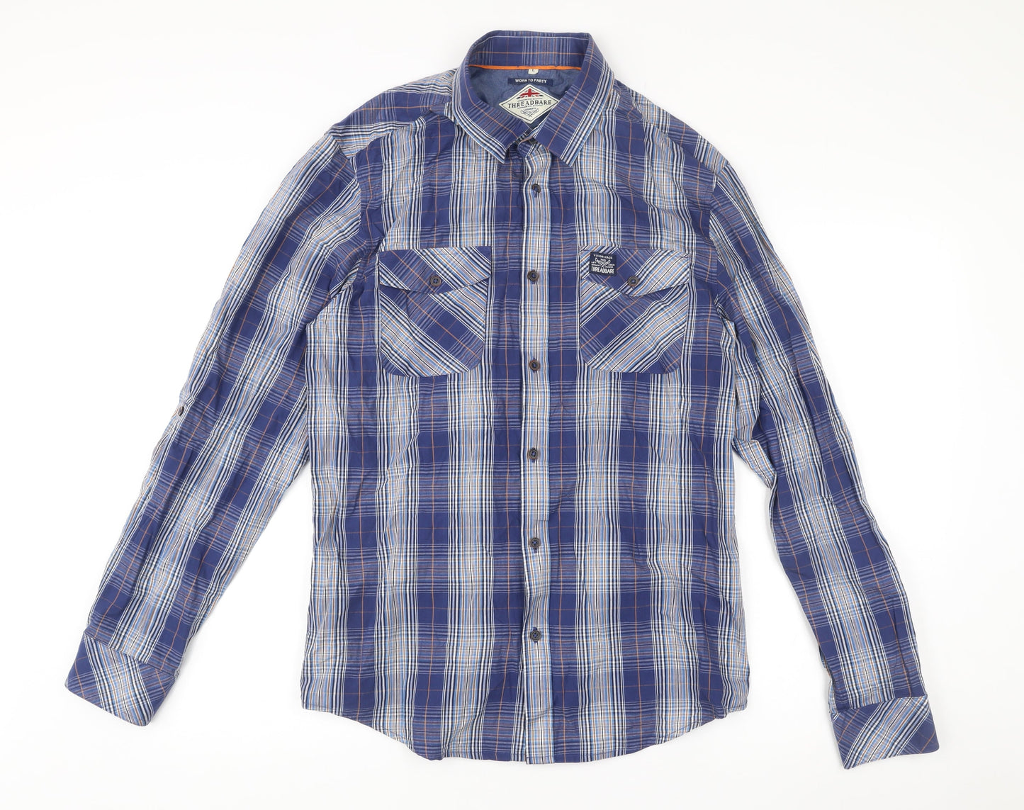 Threadbare Men's Blue Check Long Sleeve Button-Up Shirt L Regular Fit