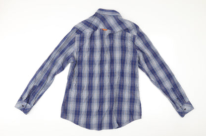 Threadbare Men's Blue Check Long Sleeve Button-Up Shirt L Regular Fit
