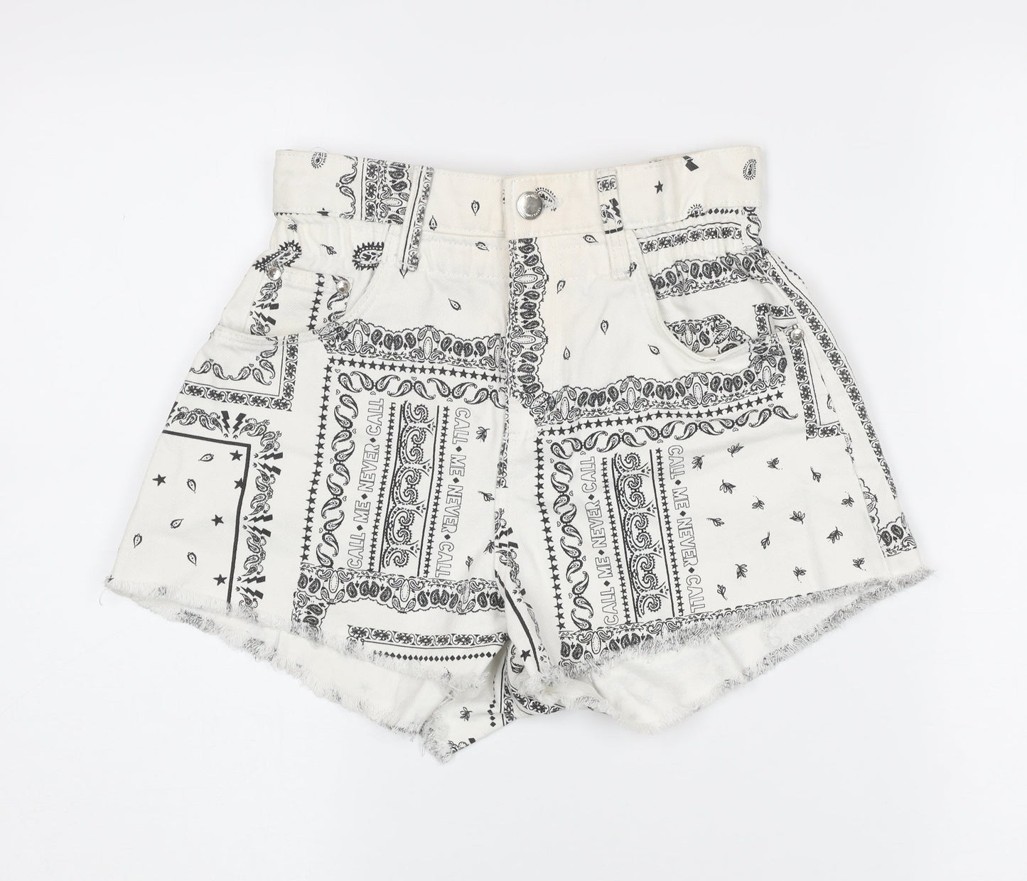 Bershka Women’s White High Rise Cut-Off Cotton Shorts Size 8
