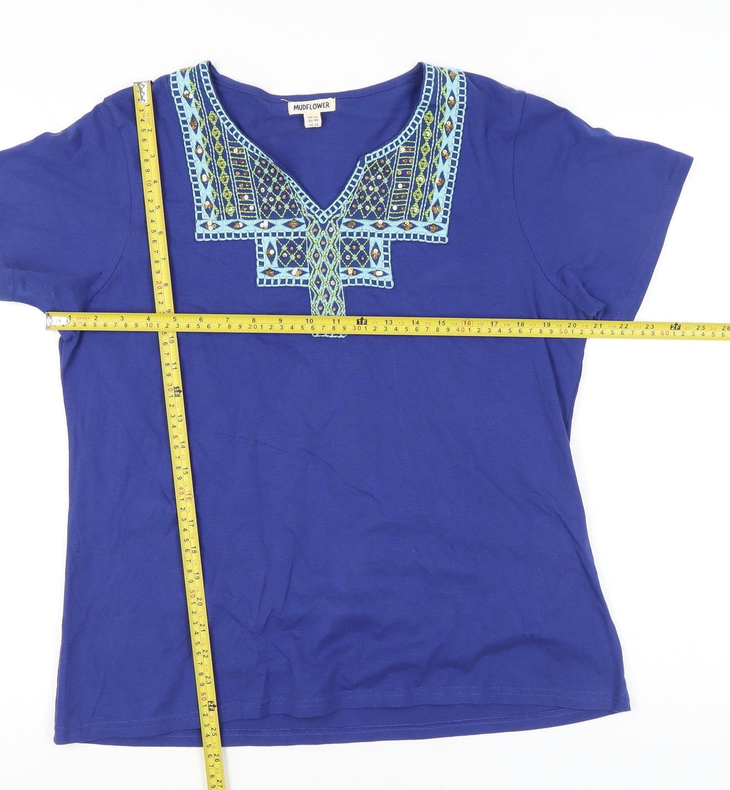Mudflower Women’s Blue Embroidered V-Neck Tunic T-Shirt UK 16