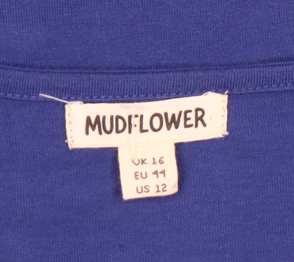 Mudflower Women’s Blue Embroidered V-Neck Tunic T-Shirt UK 16