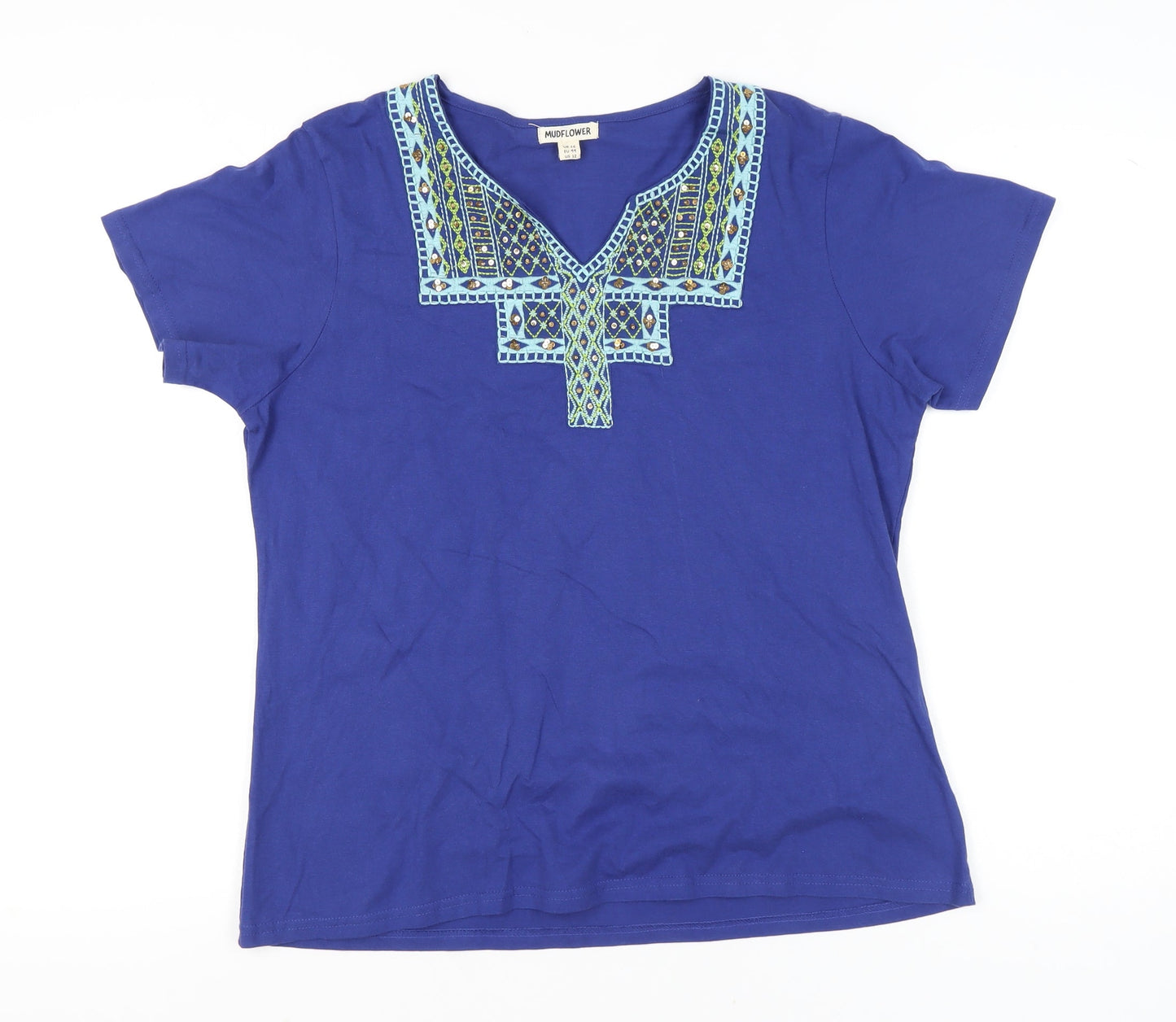 Mudflower Women’s Blue Embroidered V-Neck Tunic T-Shirt UK 16