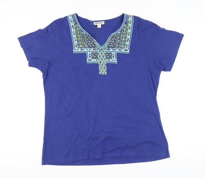 Mudflower Women’s Blue Embroidered V-Neck Tunic T-Shirt UK 16