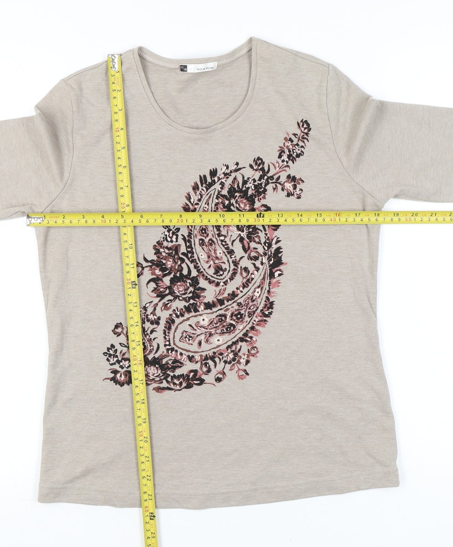 Womens UK Size 12 VIZ-A-VIZ Beige Basic T-Shirt