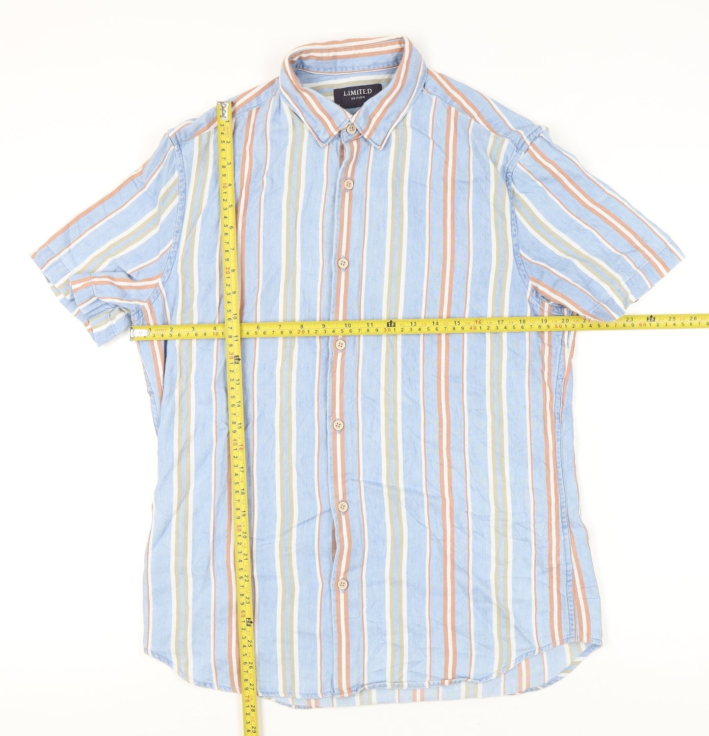 Marks and Spencer Men's Multicoloured Striped Cotton Short Sleeve Button-Up Shirt M 38"-40"