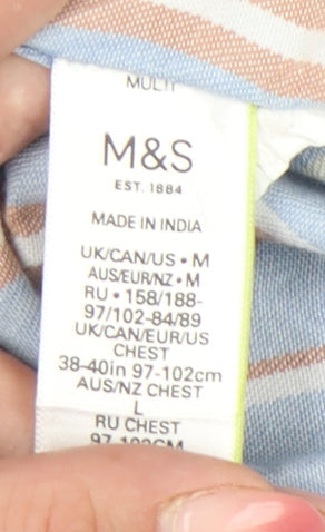 Marks and Spencer Men's Multicoloured Striped Cotton Short Sleeve Button-Up Shirt M 38"-40"