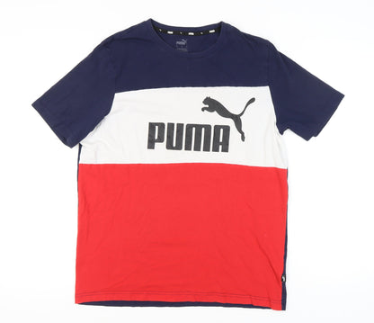Puma Men's Blue White Red Colourblock Logo T-Shirt Size L