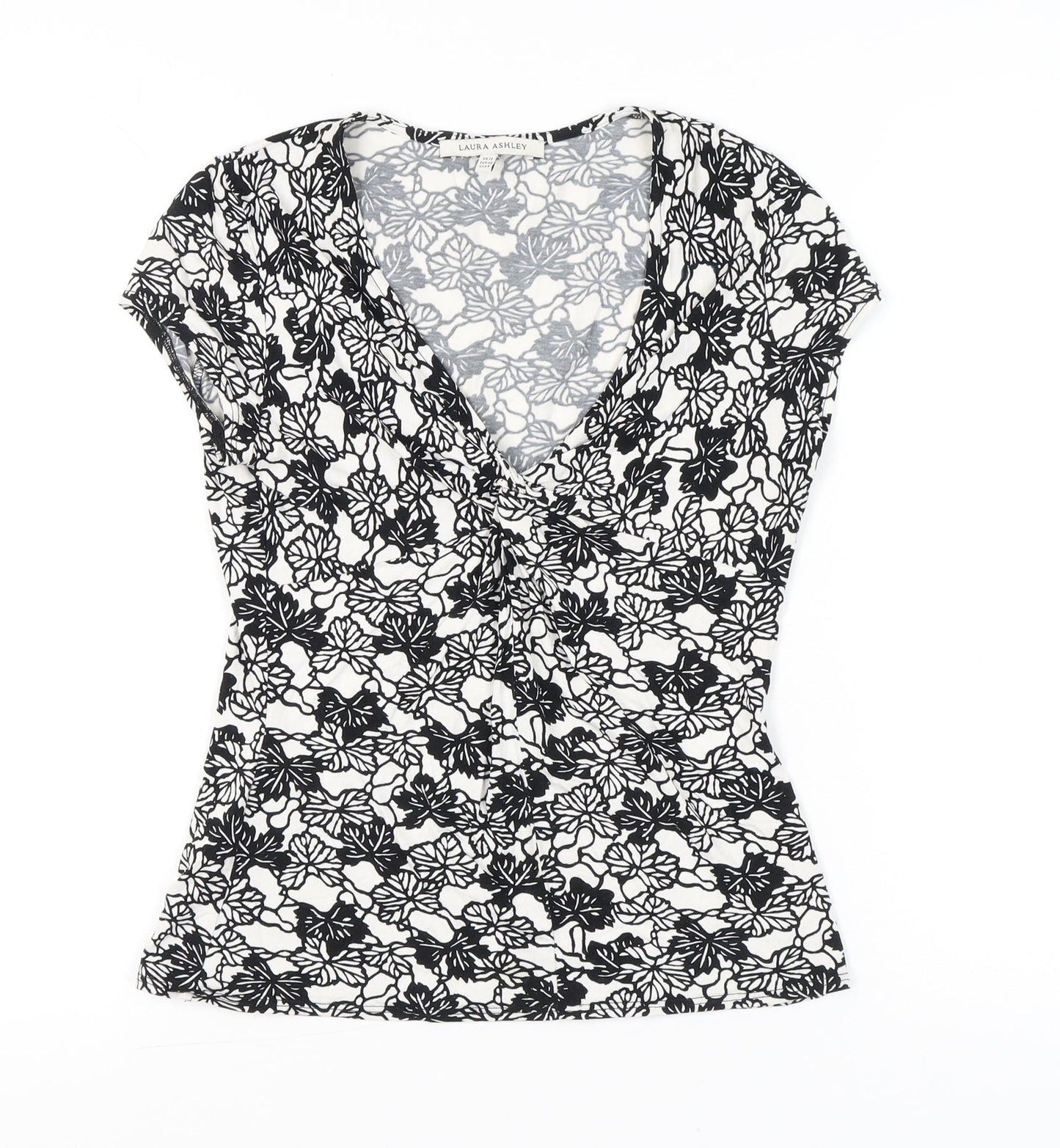 Laura Ashley Womens Black White Floral Blouse UK 12 Short Sleeve V-Neck Wrap