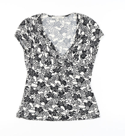 Laura Ashley Womens Black White Floral Blouse UK 12 Short Sleeve V-Neck Wrap