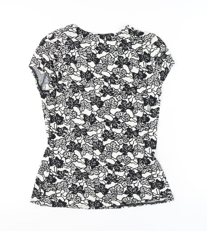 Laura Ashley Womens Black White Floral Blouse UK 12 Short Sleeve V-Neck Wrap