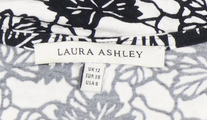 Laura Ashley Womens Black White Floral Blouse UK 12 Short Sleeve V-Neck Wrap