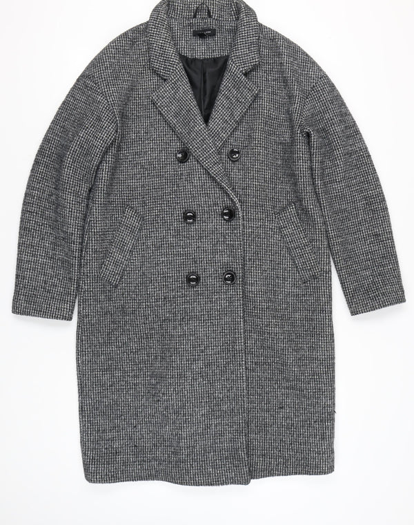 New Look Women’s Grey Herringbone Wool Blend Long Overcoat Size 12