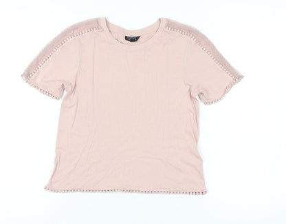 Topshop Women Pink Size 6 Short Sleeve Crochet Trim T-Shirt