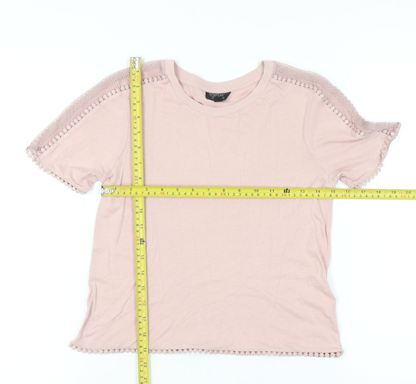 Topshop Women Pink Size 6 Short Sleeve Crochet Trim T-Shirt