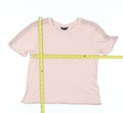 Topshop Women Pink Size 6 Short Sleeve Crochet Trim T-Shirt