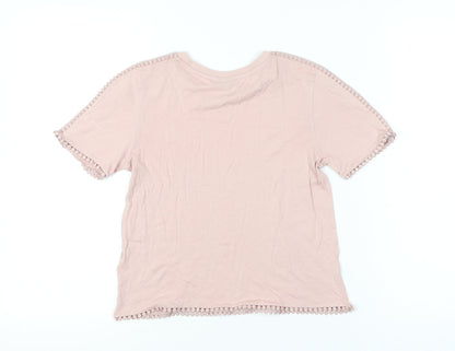 Topshop Women Pink Size 6 Short Sleeve Crochet Trim T-Shirt