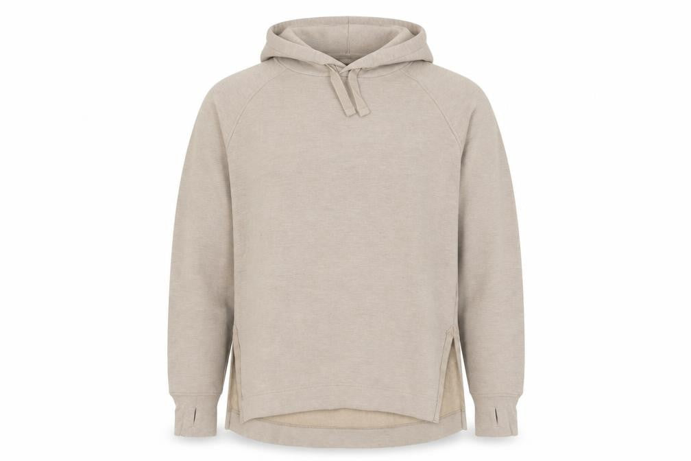 Front view of JACHS Girlfriend unisex beige pullover hoodie m regular fit fleece