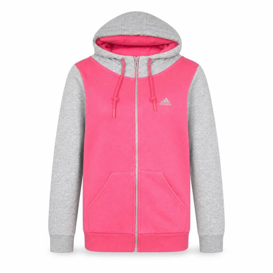 Front view of Adidas women’s pink grey full zip hoodie, size UK 8, uk cotton blend