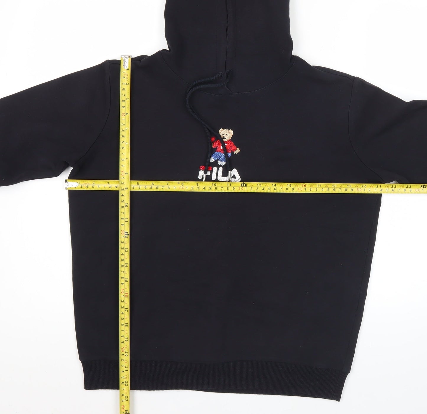 Fila Womens Black Hoodie Size 10 Pullover Bear Embroidered Logo