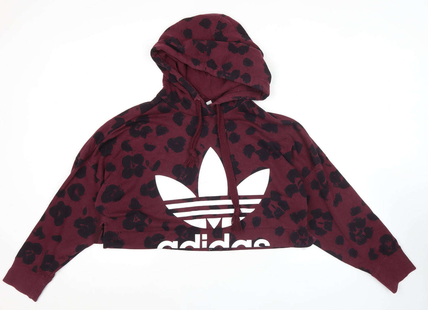 Adidas Womens Burgundy Hoodie Size 6 Cropped Pullover Leopard Print