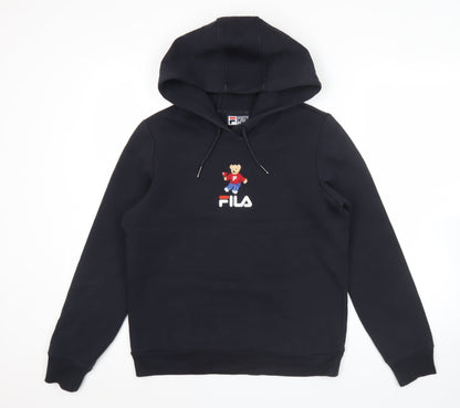 FILA Womens Black Hoodie UK 10 Bear Logo Pullover Cotton Blend
