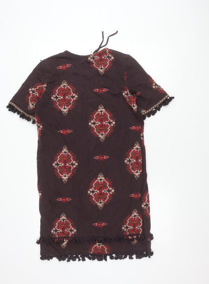 Next Womens Brown Boho Shift Dress Size 12 Cotton Tassel V-Neck