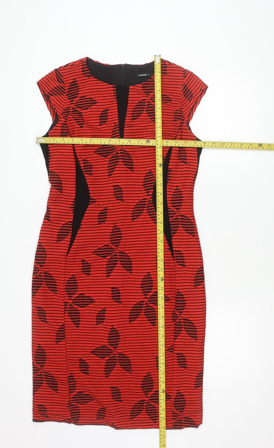 Roman Women Red Black Floral Striped Bodycon Dress Size 10
