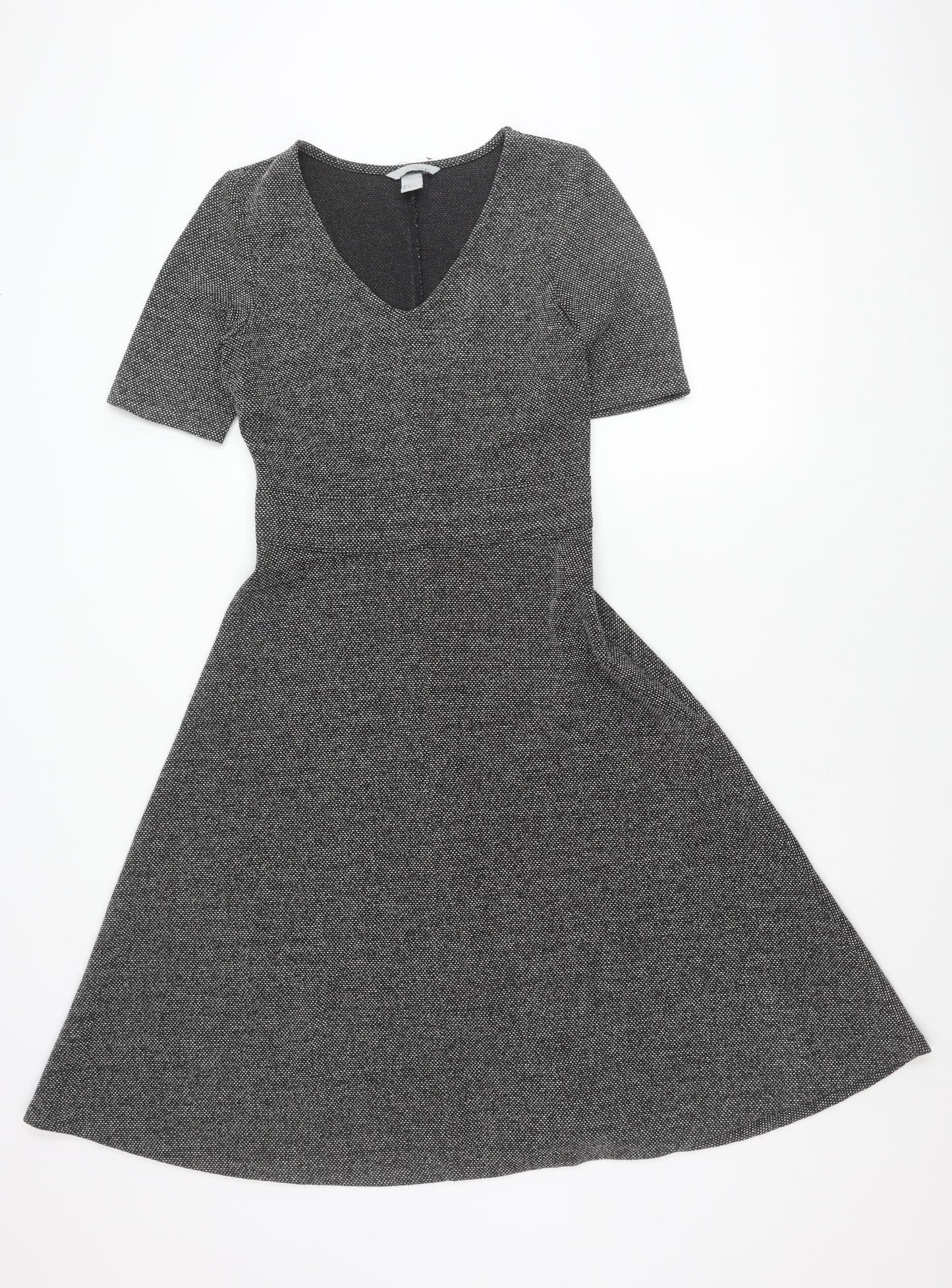 H&M Women’s Grey Fit & Flare Dress Size S V-Neck Knee Length