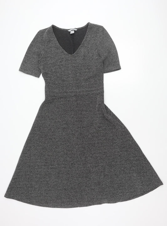 H&M Women’s Grey Fit & Flare Dress Size S V-Neck Knee Length