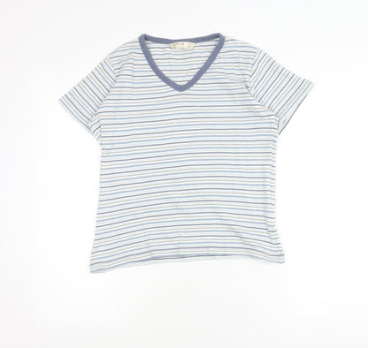 EWM Womens Blue Striped Cotton V-Neck T-Shirt Size 10