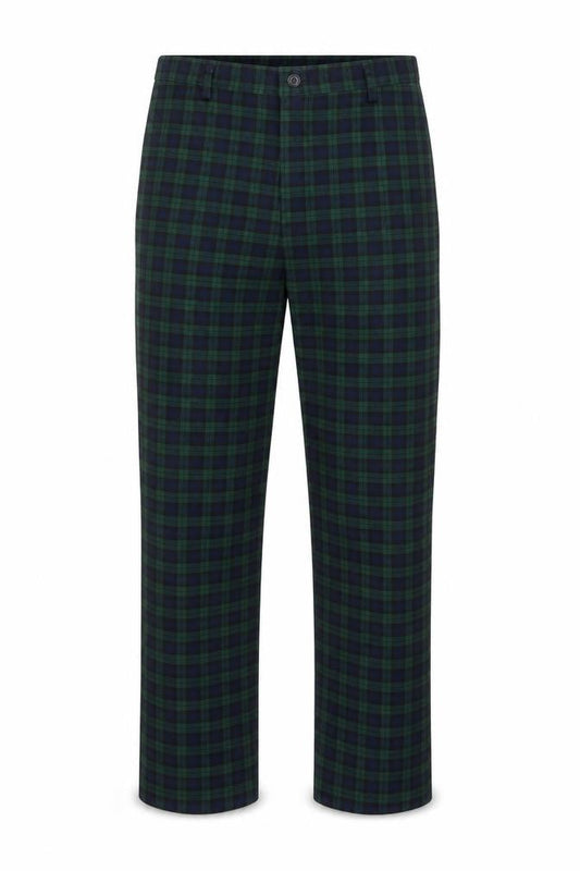 Front view of Country Collection unisex green check trousers l straight leg