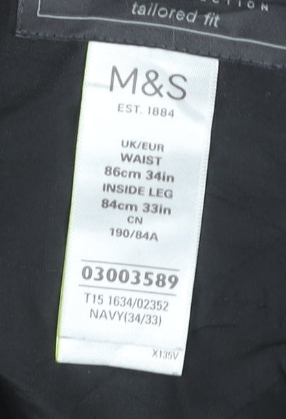 Marks and Spencer Men's Navy Blue 34x33 Slim Fit Dress Pants Trousers