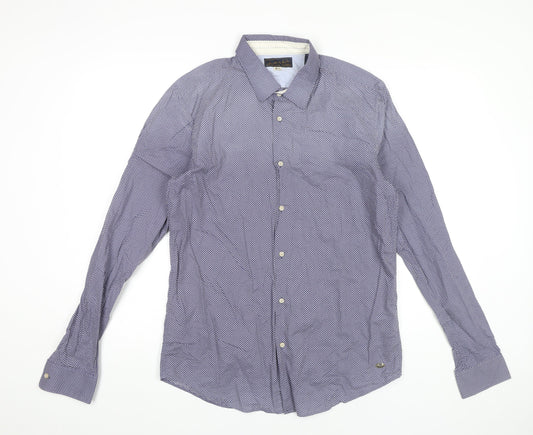 Scotch & Soda Men’s Blue Polka Dot Cotton Long Sleeve Dress Shirt L