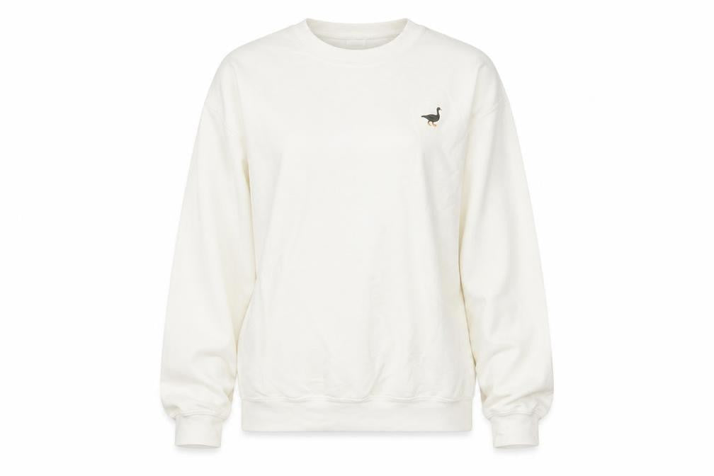 Front view of G&G unisex white medium pullover sweatshirt with logo