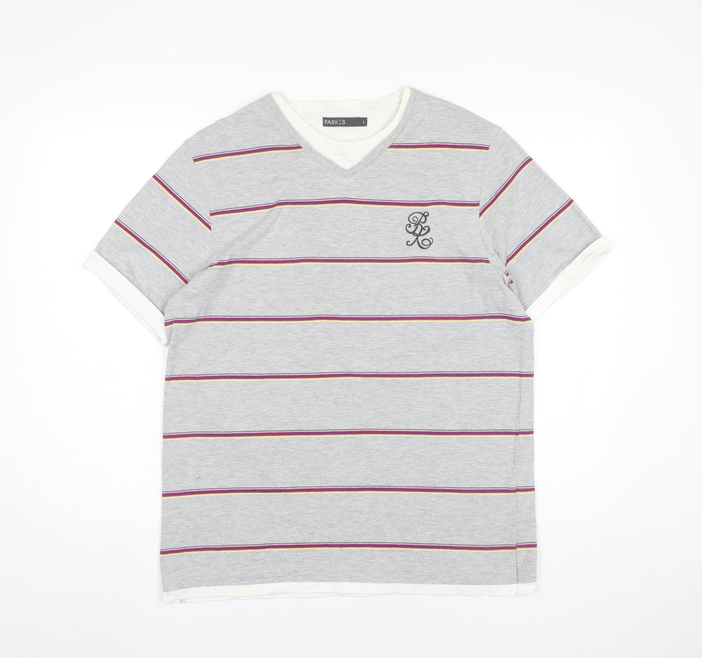 Parkes Men’s Grey Striped V-Neck T-Shirt Size L Short Sleeve Cotton Blend