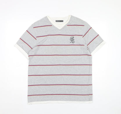 Parkes Men’s Grey Striped V-Neck T-Shirt Size L Short Sleeve Cotton Blend